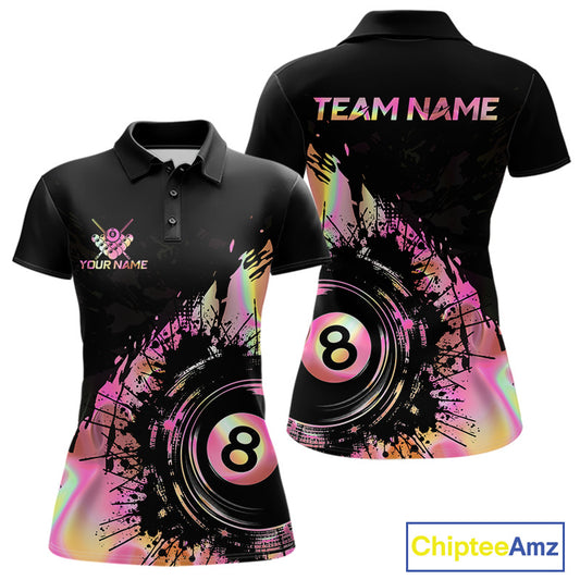 Women's Holographic Pink 8 Ball billiard polo shirt, personalized pool league jersey, pool team apparel, custom cue sports clothing, breathable athletic polo, stylish gift for pool players.