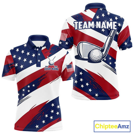 Men's US Flag golf polo shirt, patriotic red white and blue golf apparel, custom golf team shirt, golf tournament polo, personalized golf clothing, golf gift for men