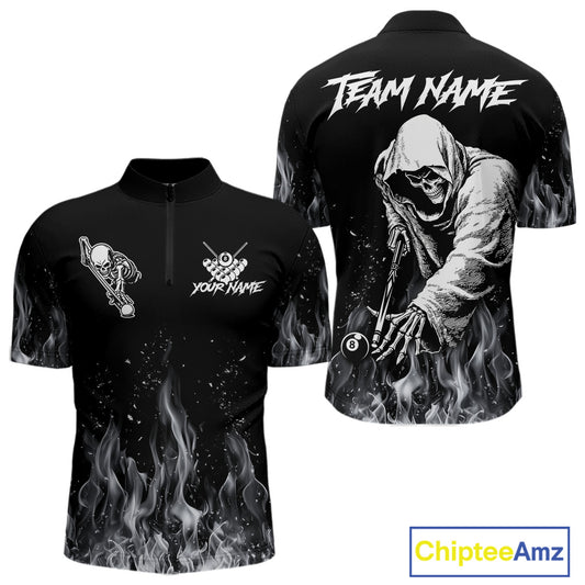 Grey Skeleton Play Pool Billiard Shirt For Men Custom Fire Flame Billiard Jersey, Billiards Gifts NYN3139