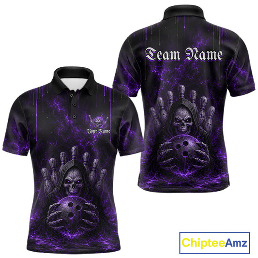 Custom Purple Thunder Grim Reaper Men's Bowling Polo Shirt, Personalized Bowling League Jersey, Purple Skull Athletic Apparel