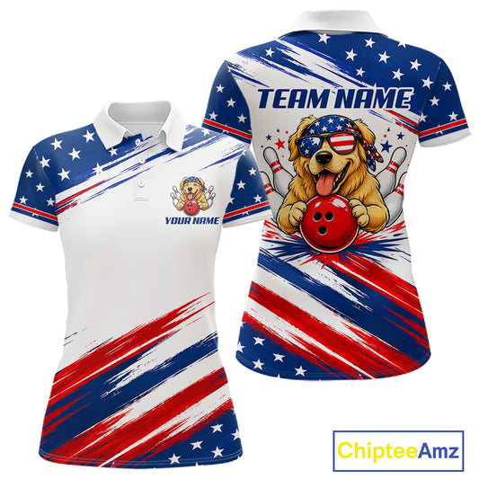 Patriotic Bulldog Women's Bowling Polo Shirt, USA Flag Bowling Team Jersey, Personalized American Bowling Apparel, Performance Polo, Freedom, Loyalty