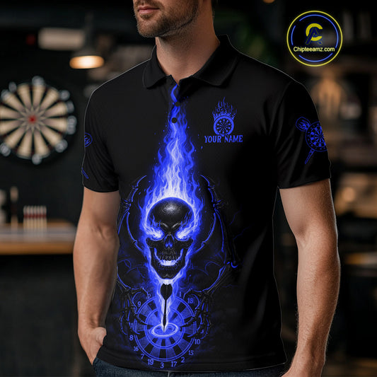 Skeleton Fire Flame Dartboard Custom Mens Polo Dart Shirt Blue Skull Dart Jerseys NYN1771
