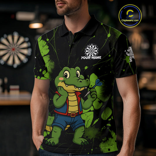Custom Green Crocodile Funny Dart Polo Shirt For Men Splatter Dart Team Jerseys NYN1527
