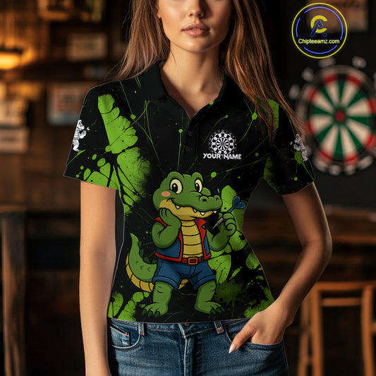 Custom Green Crocodile Funny Dart Polo Shirt For Women Splatter Dart Team Jerseys NYN1527