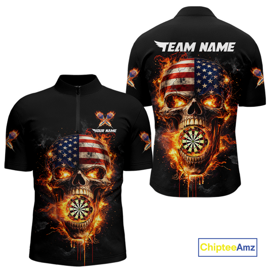 Personalized US Flag Skull Fire Flame Dartboard Men Darts 1/4-Zip Shirt Custom Darts Team Jersey NYN2585