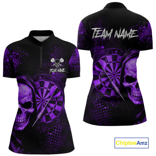 Purple Grunge Skull Dartboard & Arrow Women Darts 1/4-Zip Shirt Personalized Darts Team Jerseys NYN2596