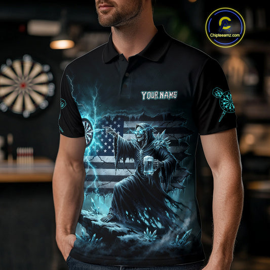 Custom Lightning Turquoise Grim Reaper Beer Funny Men Darts Polo Shirt US Flag Dart Jerseys NYN1836