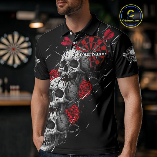 Custom Red Roses Blood Dripping Skull Dartboard Men Darts Polo Shirt Dart Jerseys NYN1927