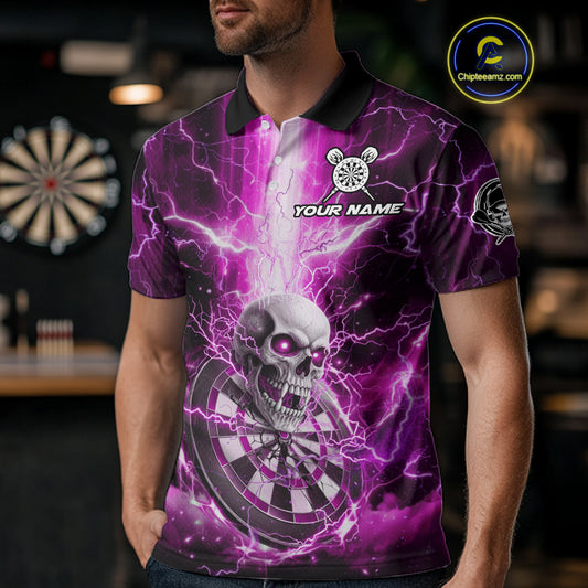 Custom Lightning Pink Skull Cracked Dartboard Dart Men Polo Jerseys Outfits Dart Shirt NYN1687