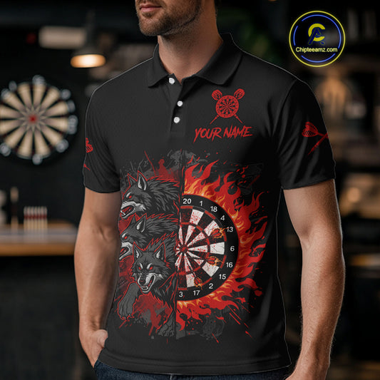 Red Wolfs Flames Dartboard Custom Funny Darts Polo Shirt For Men Grunge Dart Jerseys NYN1953