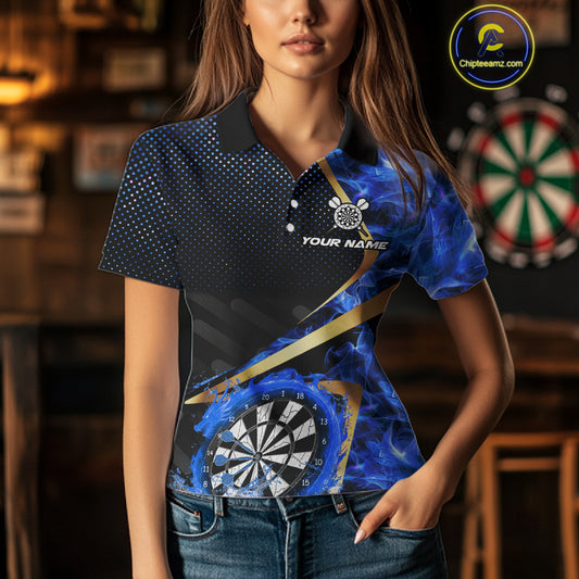 Custom Blue Flames Dragon Dartboard Halftone Dart Women Polo Jerseys Gold Dart Team Shirt NYN1693