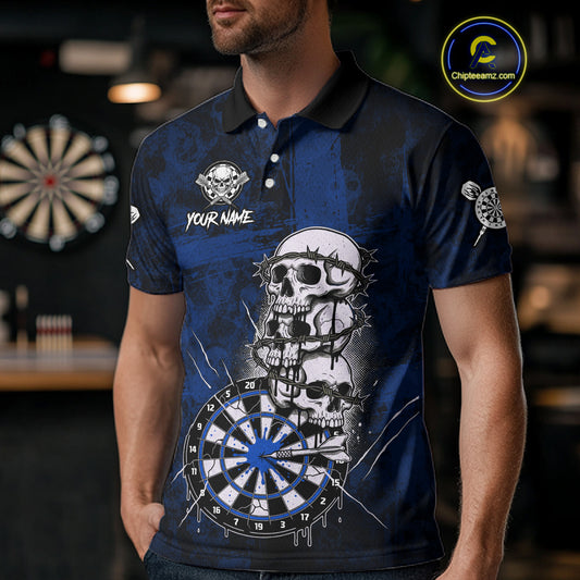 Custom Blue Grunge Barbed Wire Grey Skull Dartboard Men Darts Polo Shirt Dart Jerseys NYN1978