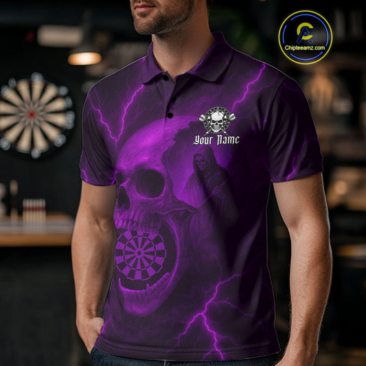 Custom Lightning Purple Grim Reaper Dartboard Men Dart Polo Shirt Skull Dart Team Jersey NYN1445