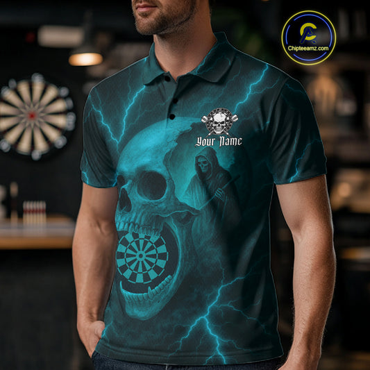 Custom Lightning Turquoise Grim Reaper Dartboard Men Dart Polo Shirt Skull Dart Team Jersey NYN1446