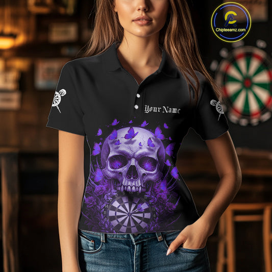 Custom Purple Butterflies Skull Head Flowers Dartboard Women Darts Polo Shirt, Dart Jerseys NYN1840