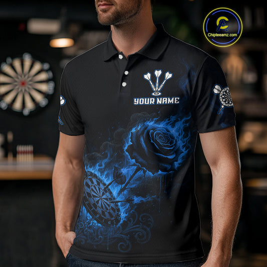 Custom Black And Blue Flames Roses Dartboard Men Darts Polo Shirt, Dart Team Jerseys NYN1846