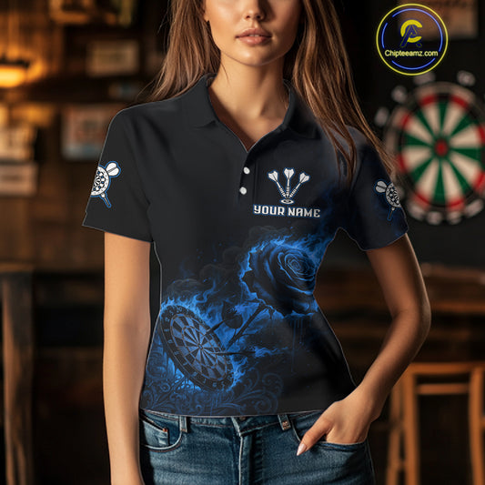 Custom Black And Blue Flames Roses Dartboard Women Darts Polo Shirt, Dart Team Jerseys NYN1846