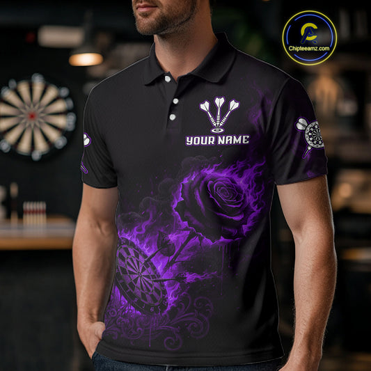 Custom Black And Purple Flames Roses Dartboard Men Darts Polo Shirt, Dart Team Jerseys NYN1847