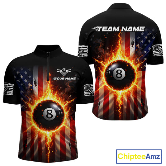 Flame 8 Ball Pool Men Billiard Polo & 1/4-Zip Shirt Custom US Flag Billiard Team Jersey NYN2372