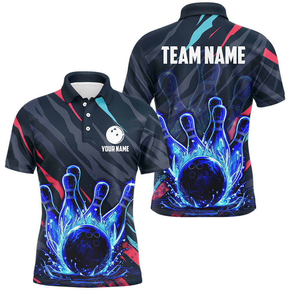 Custom Blue Light Neon Bowling Shirt Men Water Bowling Team Jersey Polo QZT475