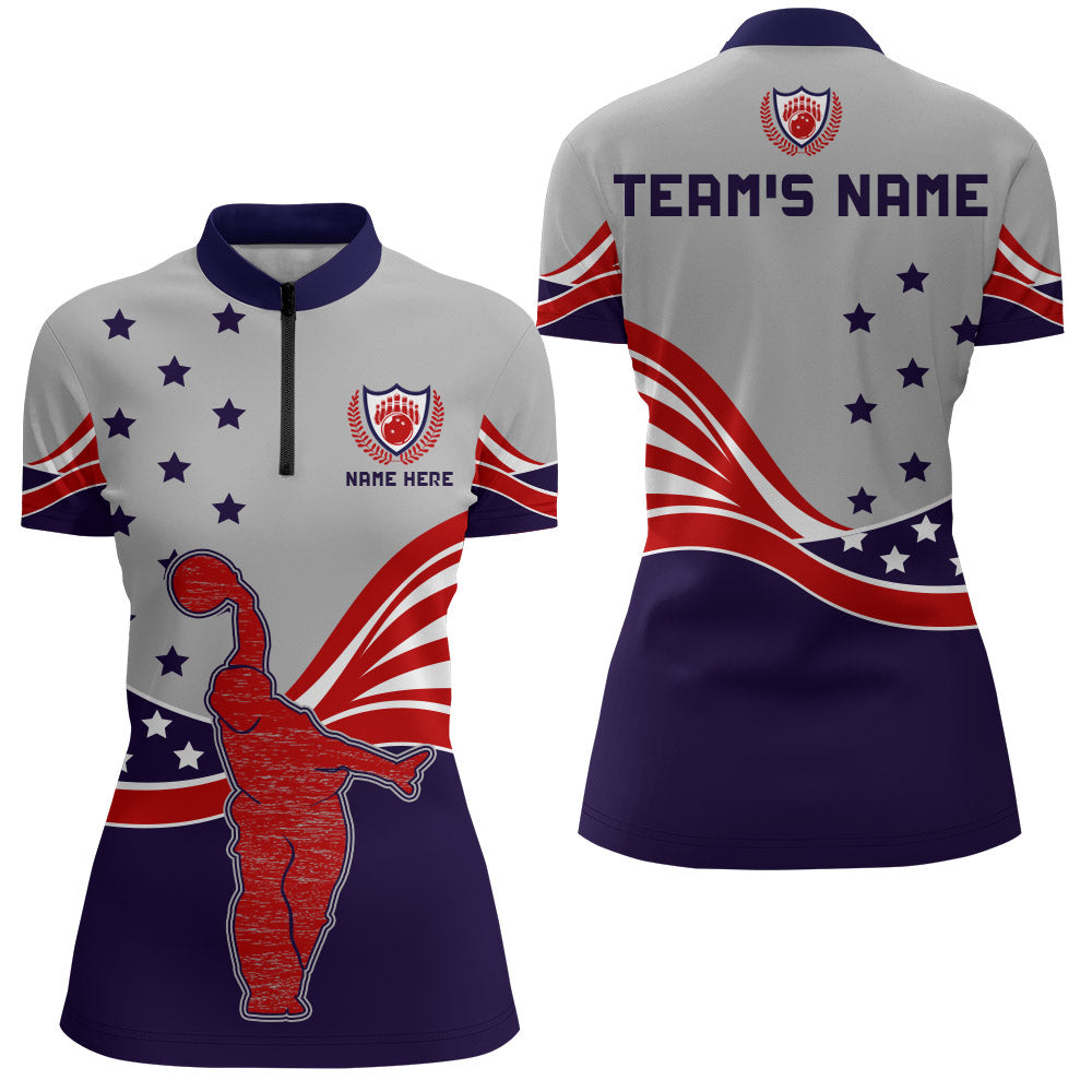 American Bowling Quarter-Zip Shirt for Women Custom Bowling Team Jersey Bowling Shirt QZT24