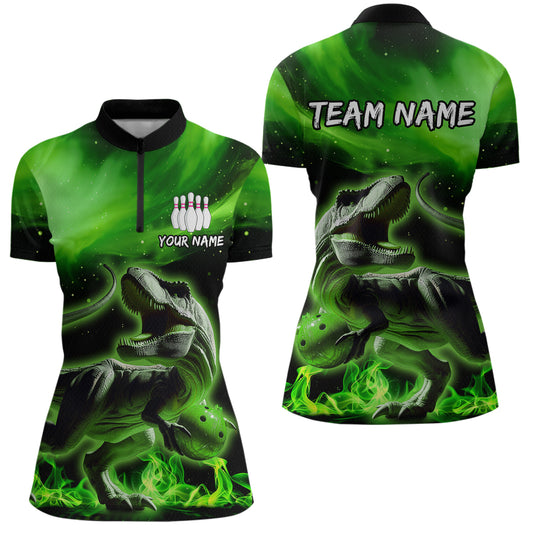 Personalized Green Dinosaur Bowling Shirt Bowling Quarter-Zip Team League for Men Women QZT666
