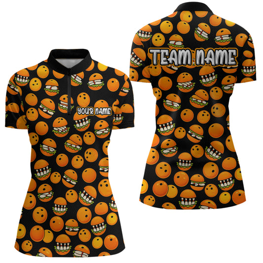 Funny Orange Hamburger Bowling Shirt for Women Food Bowling Team League Polo & 1/4 Zip Bowling Jersey QZT724