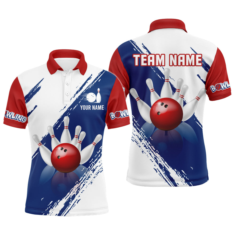 Personalized Blue Red White Bowling Team Shirts for Men Polo Bowling Jersey Patriotic QZT491