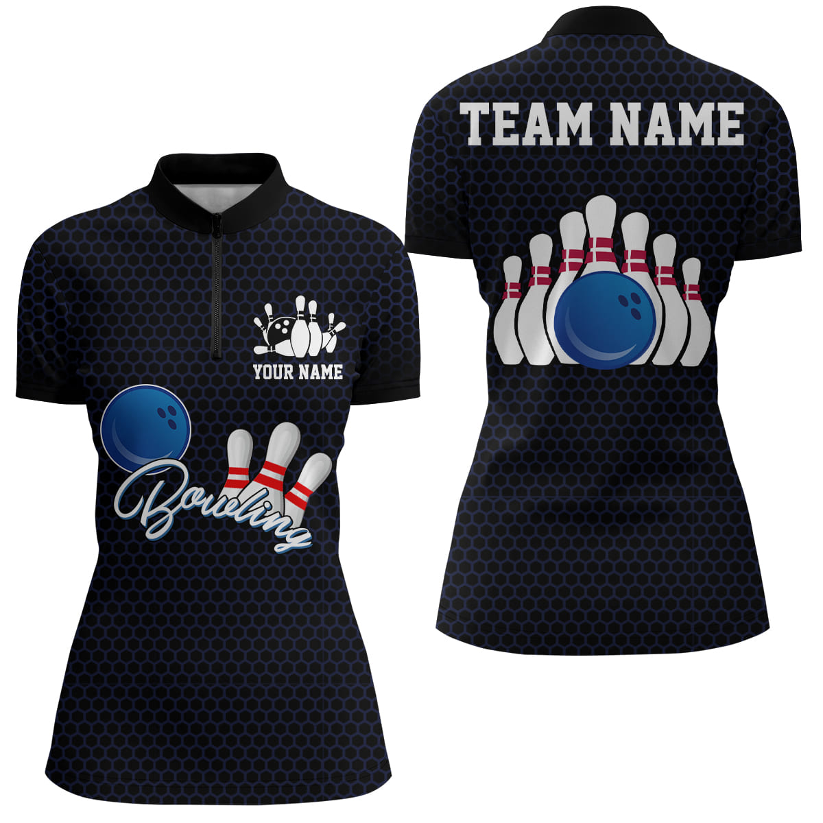 Personalized Bowling Jersey for Women 3D Bowling Team Shirt Black Bowling Quarter-Zip Shirt QZT117