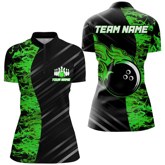 Green Flames Bowling Jersey Men Women Custom 1/4 Bowling Shirt For Team BDT487