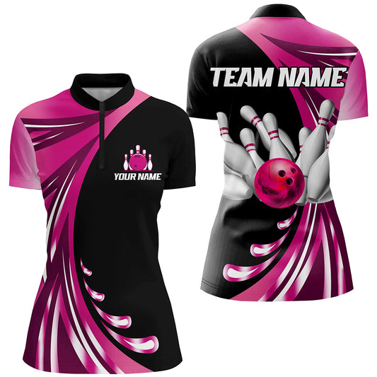 Personalized Pink Bowling Team Jersey For Men & Women Custom Quarter Zip Bowling Shirt BDT457