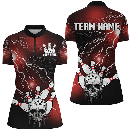 Skull Bowling 1/4 Zip Shirt For Men & Women Light Thunder Red Bowling Team Jersey Halloween BDT541