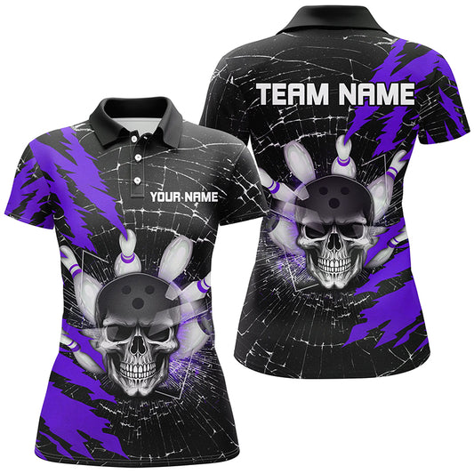 Skull Bowling Polo Shirt For Men & Women Custom Halloween Bowling Team Jersey Purple BDT538