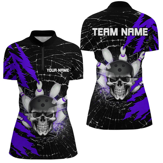 Skull Bowling 1/4 Zip Shirt For Men & Women Custom Halloween Bowling Team Jersey Purple BDT538