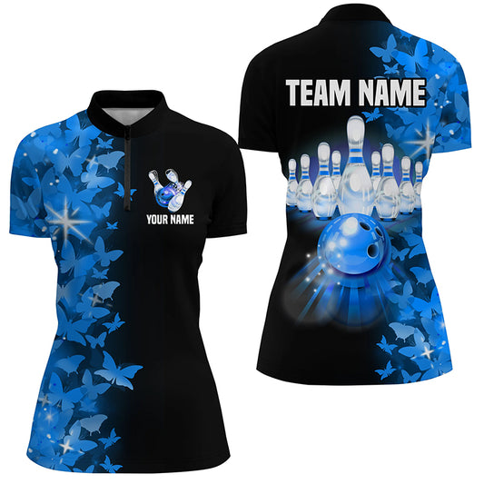 Blue Butterfly Bowling Shirts For Men Women Custom 1/4 Zip Bowling Jersey Team BDT505
