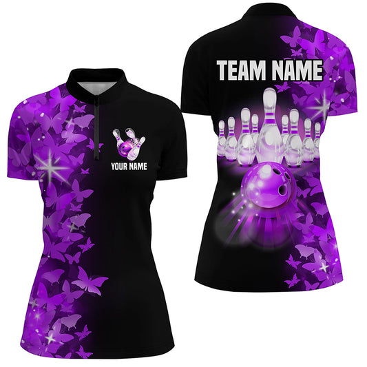Purple Butterfly Bowling Shirts For Men Women Custom 1/4 Zip Bowling Jersey Team BDT505