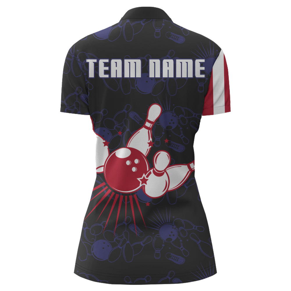 American Flag Bowling Quarter-Zip Shirt Custom Navy Bowling Jersey Women Patriotic Bowling Shirt BDT264