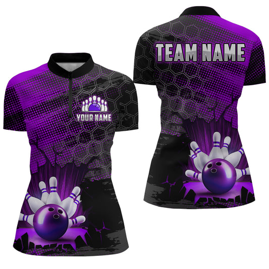 Custom Purple Bowling Shirts For Men & Women Bowling Team League Jersey Unisex Quarter-Zip BDT533