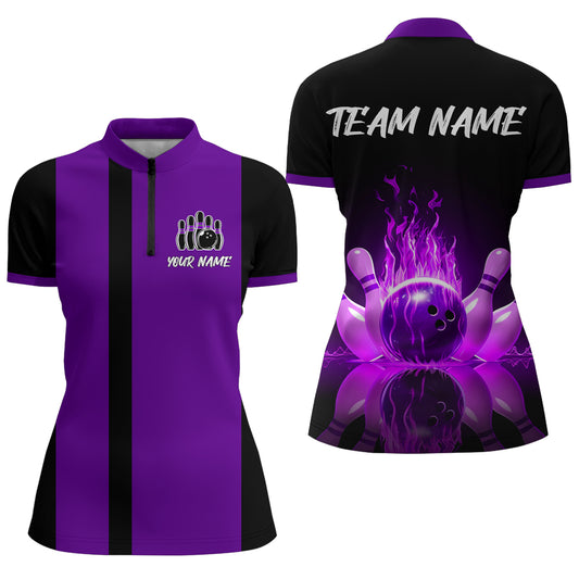 Purple Flame Bowling Shirt for Men & Women Custom Bowling Jersey Team League Bowling 1/4 Zip BDT547