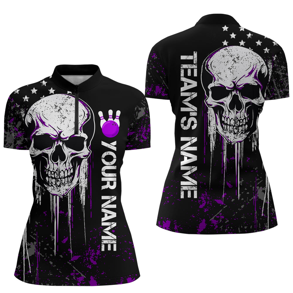 Purple Skull Bowling Shirts Men & Women Custom Halloween Bowling Jersey Team 1/4 Zip BDT554