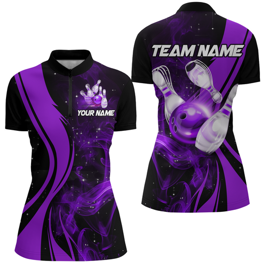 Purple Bowling Shirt Personalized Men & Women Bowling Team Jersey Bowling 1/4 Zip Shirts BDT570