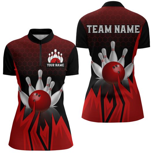 Custom Red Flame Bowling Quarter Zip Shirts For Men & Women Bowling Team Jersey BDT456