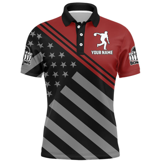 Red&Black Bowling Jersey For Men Custom Bowling Shirt American Flag Bowling Polo Shirt BDT282