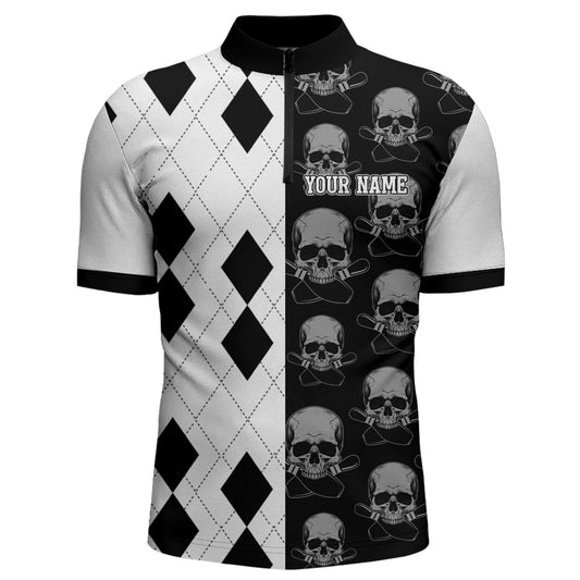 Skull Bowling Jersey Team League Custom Black Bowling Shirt Men Bowling Quarter-Zip Shirt BDT347