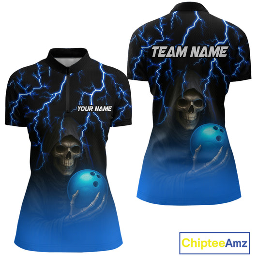 Custom Blue Thunder Skeleton Bowling Jersey for Women Bowling Polo & 1/4 Zip Bowling Team Shirts HNT108