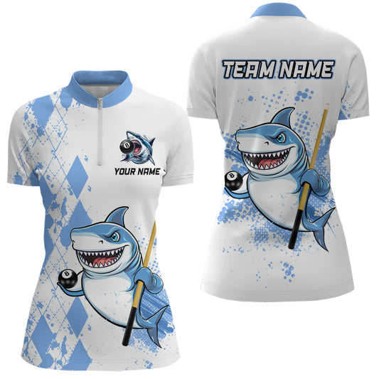 Personalized Blue Shark Billiard Team Jerseys Billiard Shirts for Women Polo & 1/4 Zip Shirts NNT39
