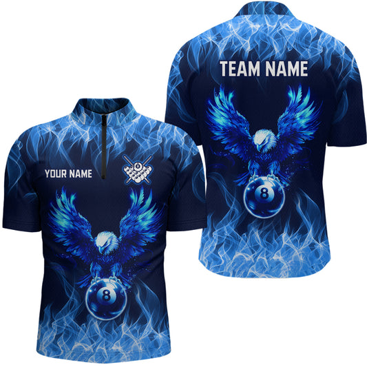 Personalized Blue Eagle Flaming 8 Ball Pool Bliiard Polo & 1/4 Zip, Billiard Shirt for Men Team NNT36