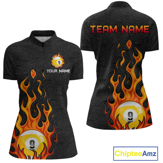 Custom 9 Ball Flaming Billiard Shirts for Women Billiard Team Shirts Billiard League NNT71