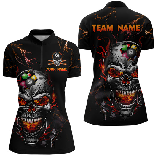Thunder Skull Billiard Jerseys Women Polo & 1/4 Zip Shirt Skull 8 Ball Pool Billiard NNT03