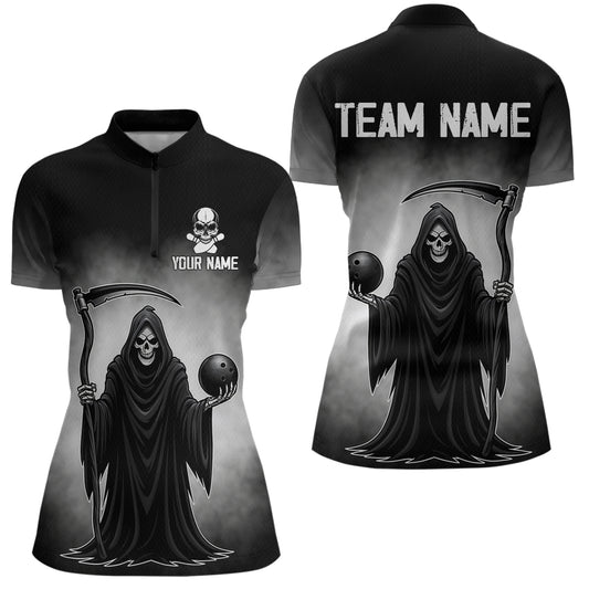 Custom Black Skeleton Bowling Jersey for Women Bowling Uniform Polo & 1/4 Zip Bowling Team Shirts HNT110